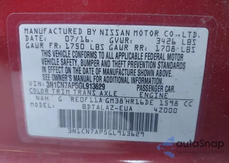 2016 Nissan Versa 1.6 S+ from USA, damaged, VIN 3N1CN7AP5GL913629